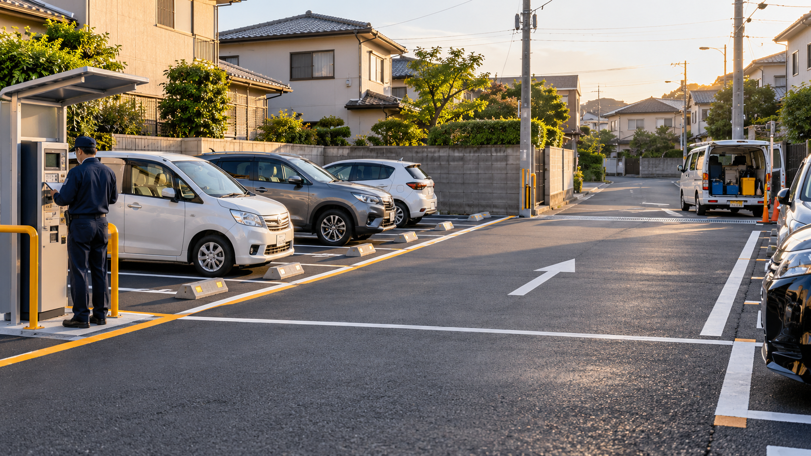 コインパーキングの精算機と場内を点検する管理スタッフ