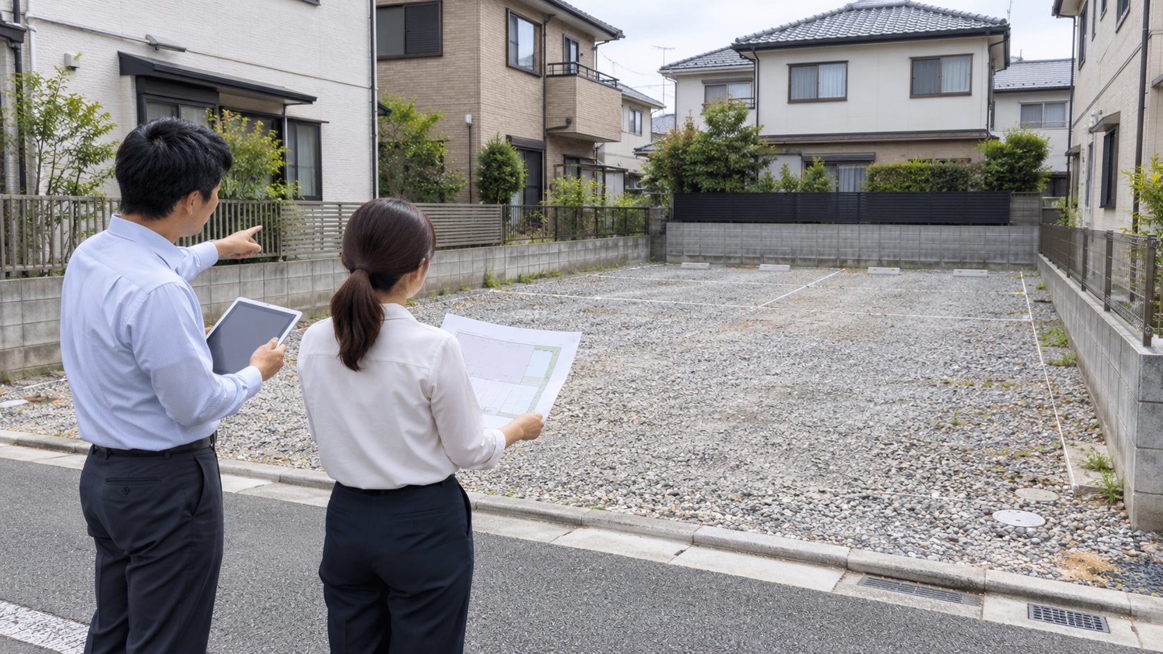 住宅に隣接する土地で周辺環境と駐車場配置を確認する現地調査
