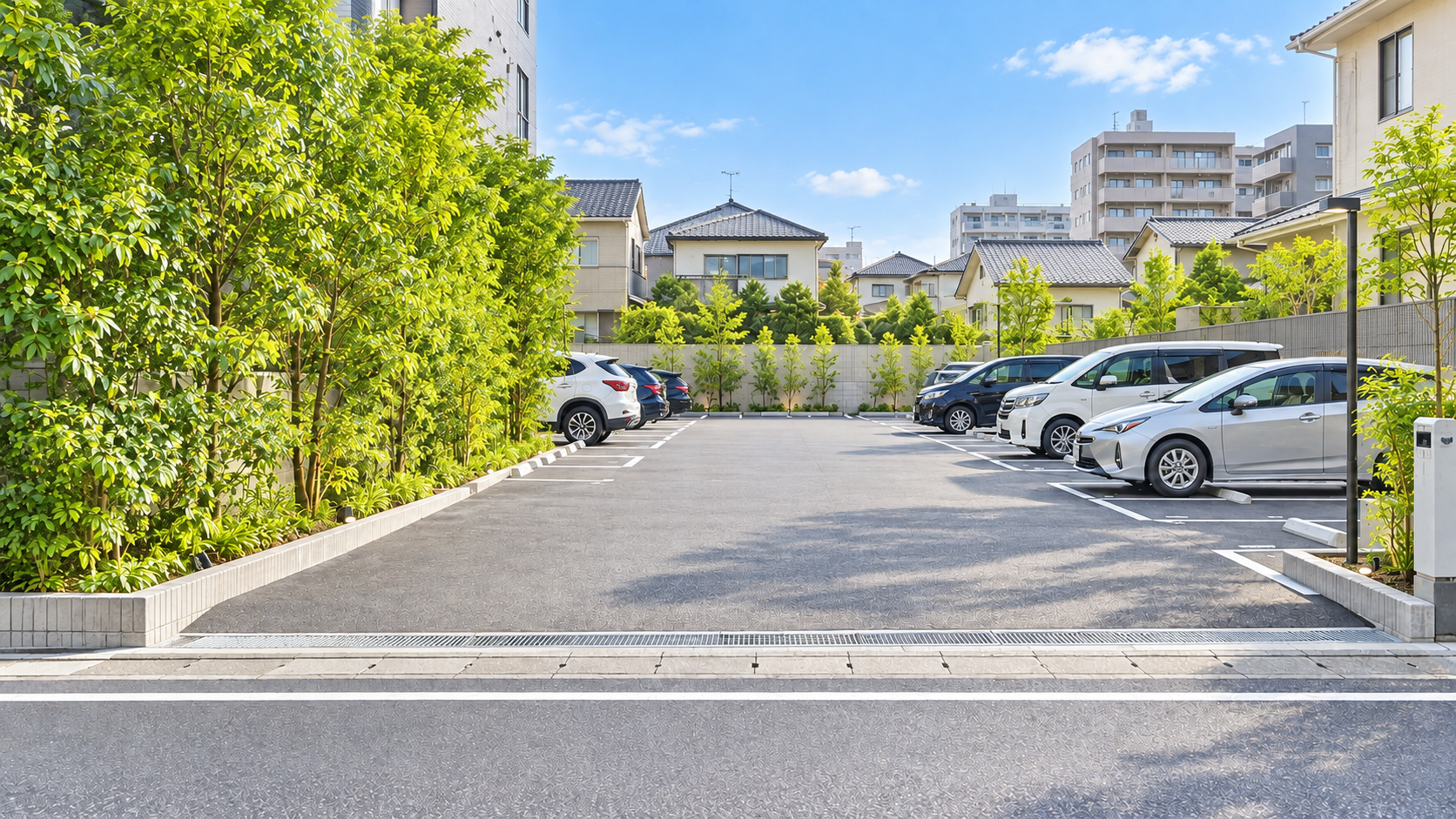 明るい昼のコインパーキング。駐車区画の間は開放され、精算機は敷地の端にあります